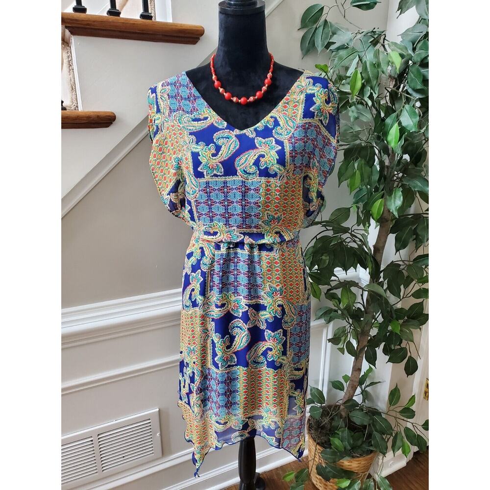 En Focus Studio Women Blue Floral V-Neck Ruffle Casual Knee Length Dress Size 16